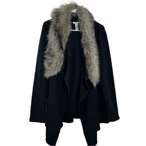 Bar III Cotton Wool Blend Black Cardigan Sweater with removable faux fur Size M